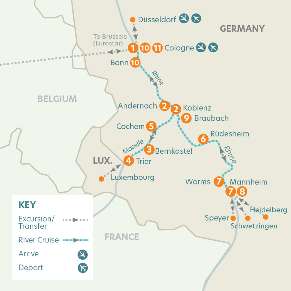 tourhub | Riviera Travel | The Moselle, Luxembourg & the Majestic Rhine River Cruise - MS Emily Brontë | Tour Map