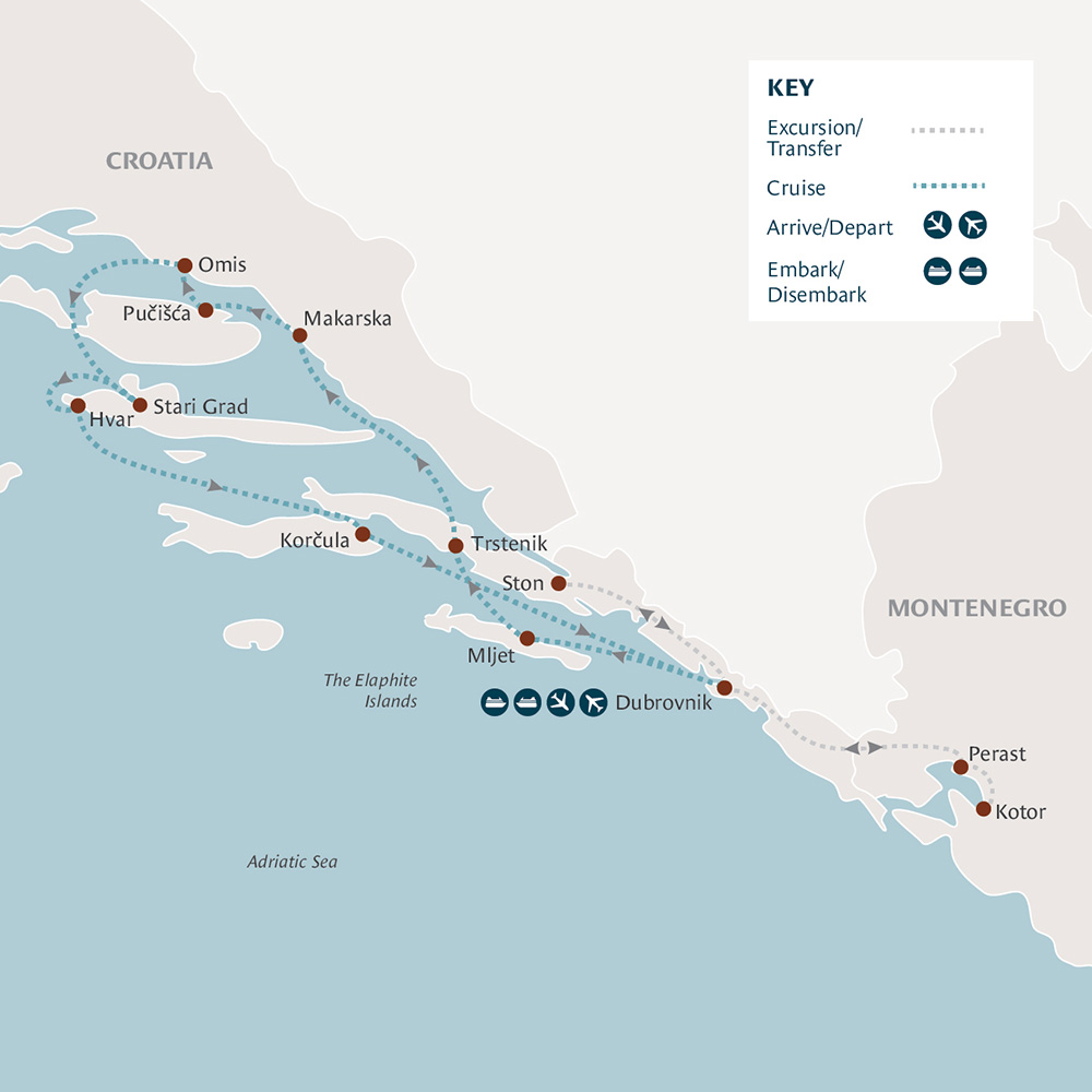 tourhub | Riviera Travel | Splendours of Dalmatia Yacht Cruise with Dubrovnik & Montenegro - MS Adriatic Sun | Tour Map