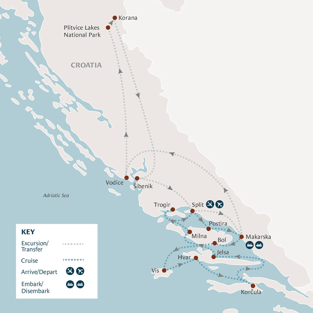 tourhub | Riviera Travel | Dalmatian Islands Yacht Cruise with Plitvice Lakes & Šibenik - MS Mendula | Tour Map